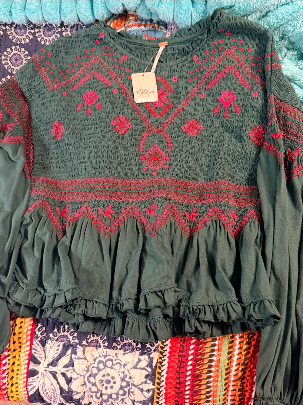 Free People Forest Green Peasant Tunic with Pink and Red Embroidery
